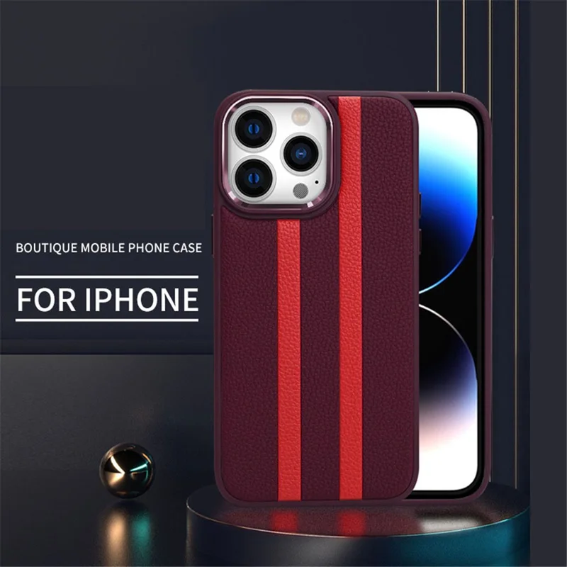 For iPhone 14 Pro Anti-drop Four Corners Airbag Stripes Pattern PU Leather Coated TPU Case Back Cover with Metal Button - Brown