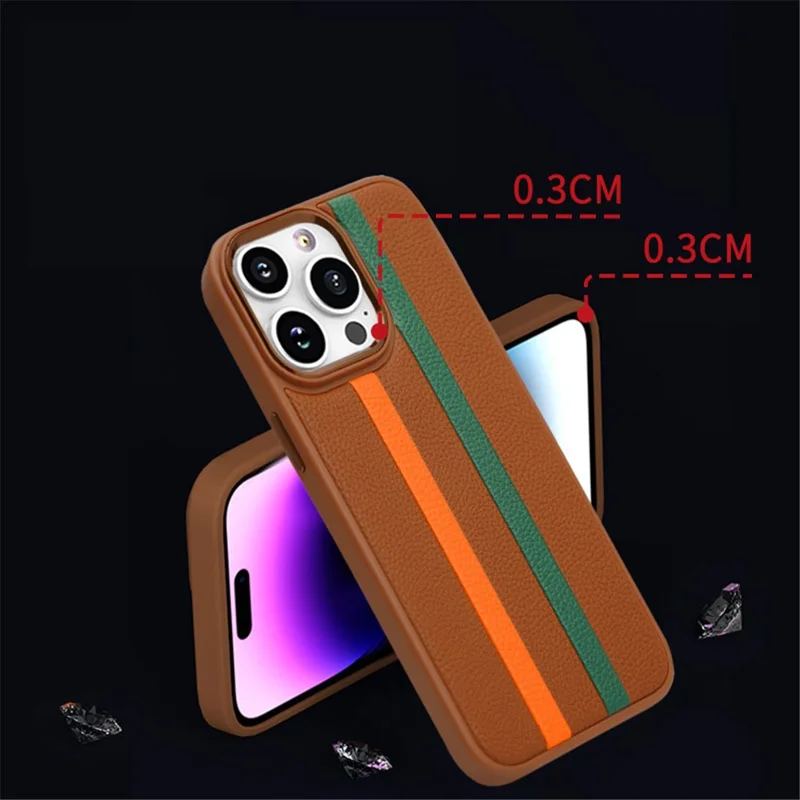 For iPhone 14 Pro Anti-drop Four Corners Airbag Stripes Pattern PU Leather Coated TPU Case Back Cover with Metal Button - Brown