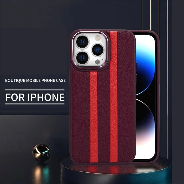 Per iPhone 14 Pro Max Fall Proof Four Corners Airbag Stripes Pattern PU Leather Coated TPU Case Back Cover con Pulsante in Metallo - Viola Scuro