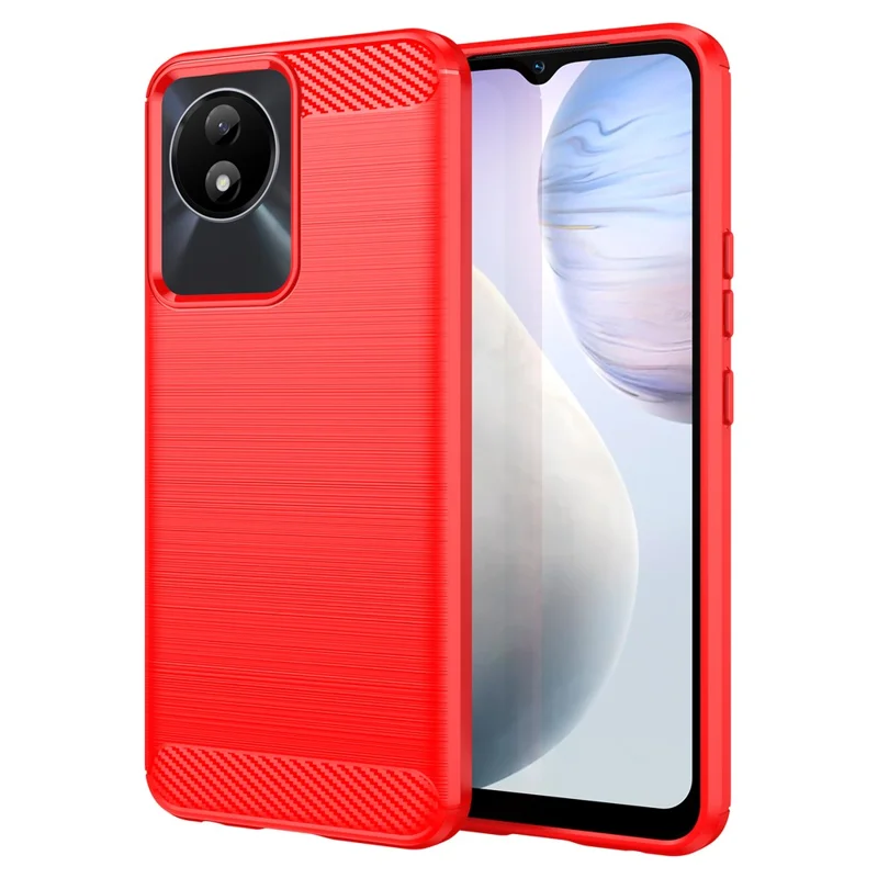 For vivo Y02 4G Shockproof Brushed Mobile Phone Case Carbon Fiber Texture TPU Protective Phone Cover - Red