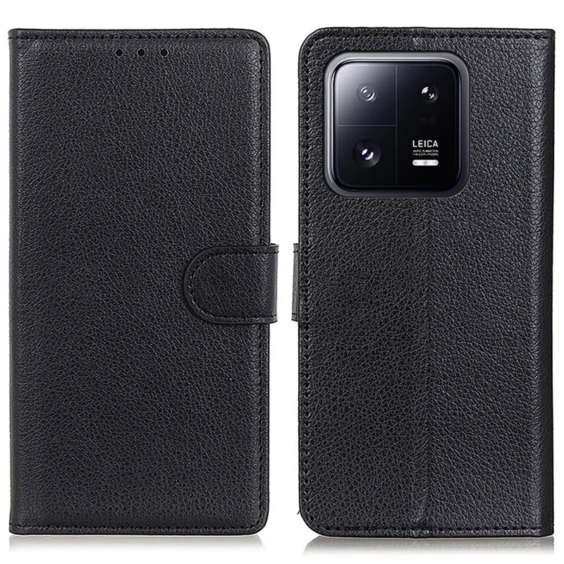Litchi Texture Phone Case for Xiaomi 13 5G, PU Leather Shockproof Viewing Stand Wallet Cover - Black