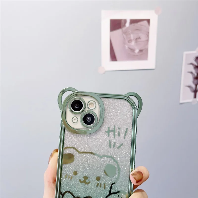 For iPhone 14 Sjov bjørne-mønster med elektropladering Stødfast telefonbeskytning med gradient glitterskærme Blød TPU-beskyttelsesdæksel - Gul
