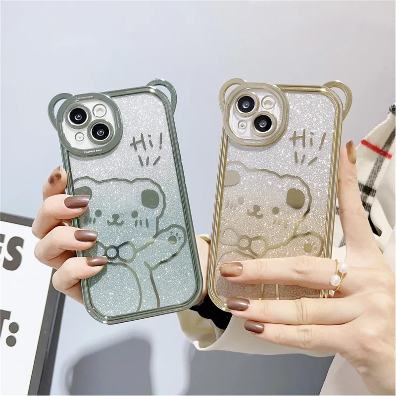 For iPhone 14 Sjov bjørne-mønster med elektropladering Stødfast telefonbeskytning med gradient glitterskærme Blød TPU-beskyttelsesdæksel - Gul