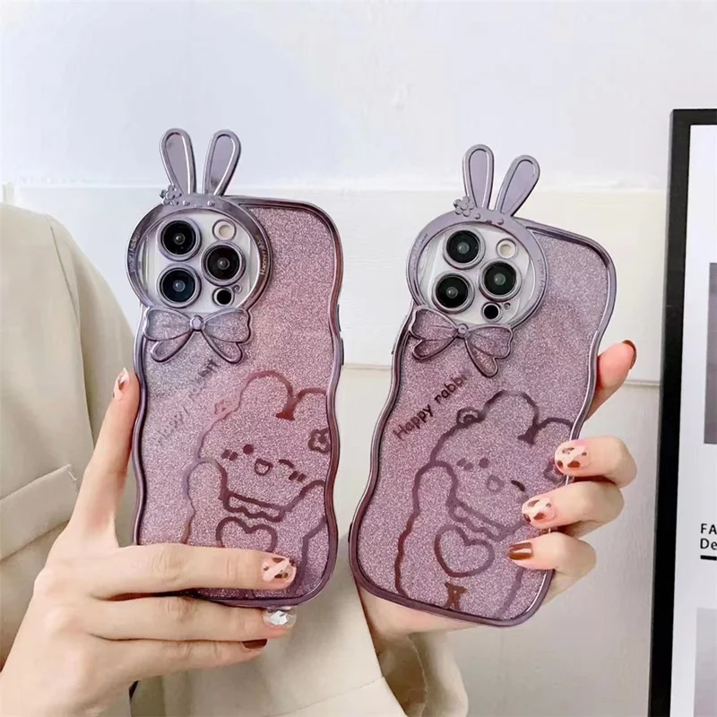 For iPhone 14 Pro Rabbit Design Electroplating Phone Case Glitter Anti-drop Soft TPU Mobile Phone Cover - Grey