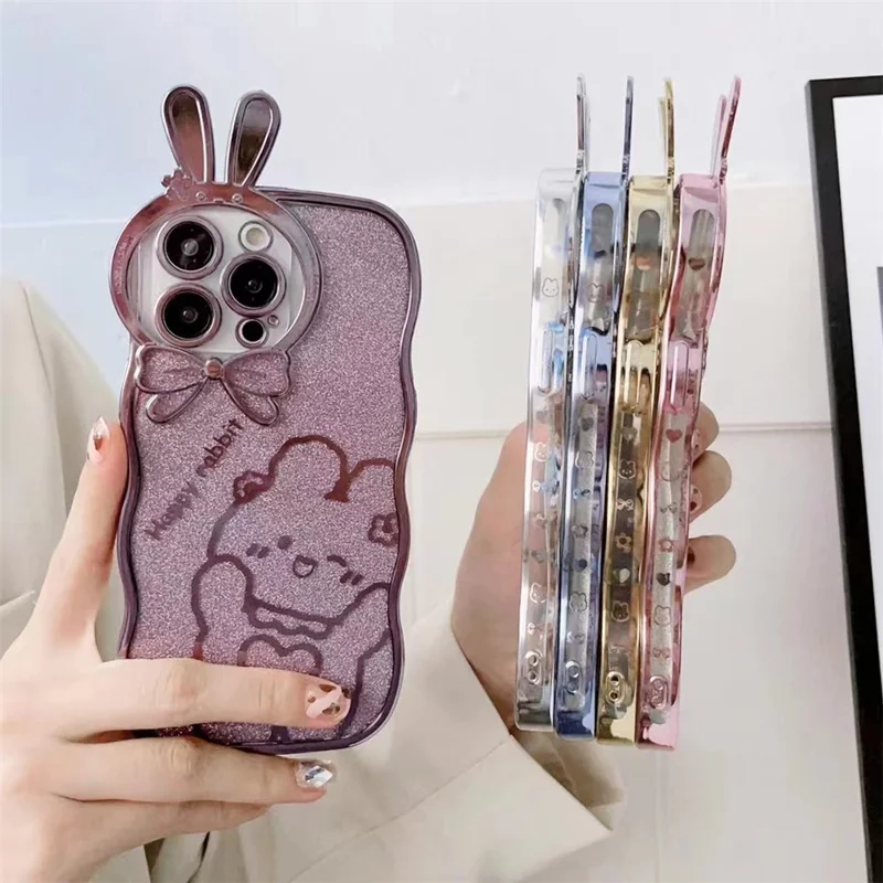 For iPhone 14 Pro Rabbit Design Electroplating Phone Case Glitter Anti-drop Soft TPU Mobile Phone Cover - Grey