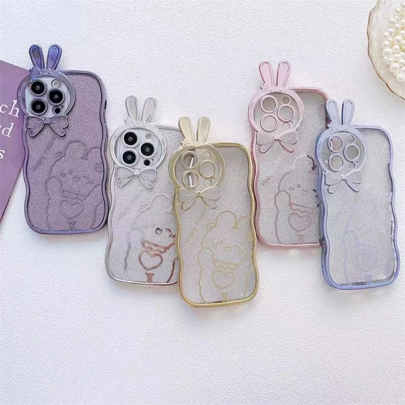 For iPhone 14 Pro Rabbit Design Electroplating Phone Case Glitter Anti-drop Soft TPU Mobile Phone Cover - Grey
