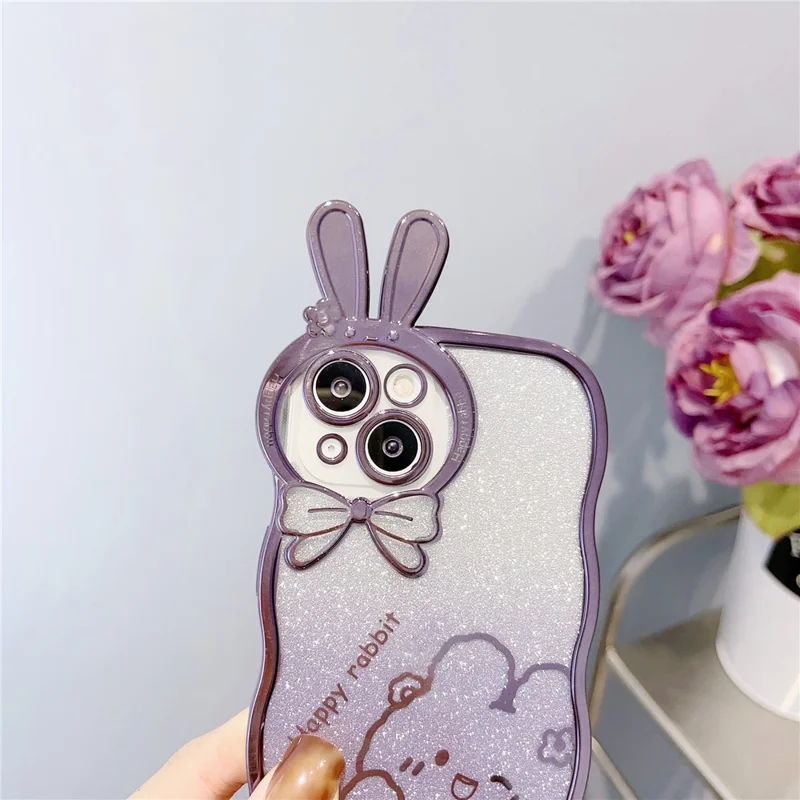 Rabbit Design TPU Case for iPhone 14 Plus Anti-Drop Electroplating Phone Cover Gradient Glitter Protective Case - Baby Blue