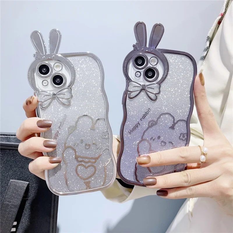 Rabbit Design TPU Case for iPhone 14 Plus Anti-Drop Electroplating Phone Cover Gradient Glitter Protective Case - Baby Blue