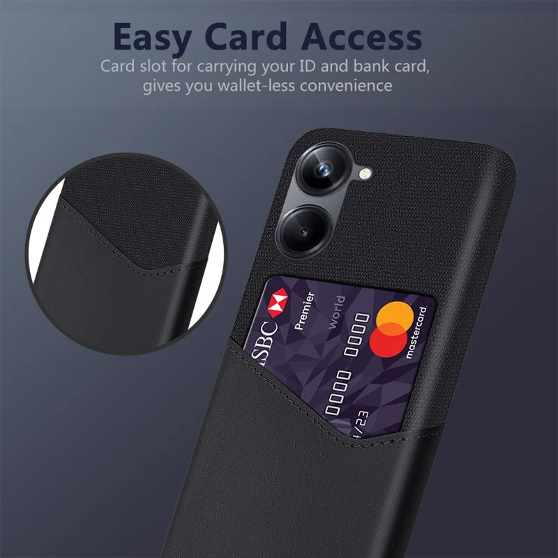For Realme 10 4G Shockproof Cloth Texture Phone Case with Card Slot PU Leather Coated Hard PC Protective Phone Back Cover - Black