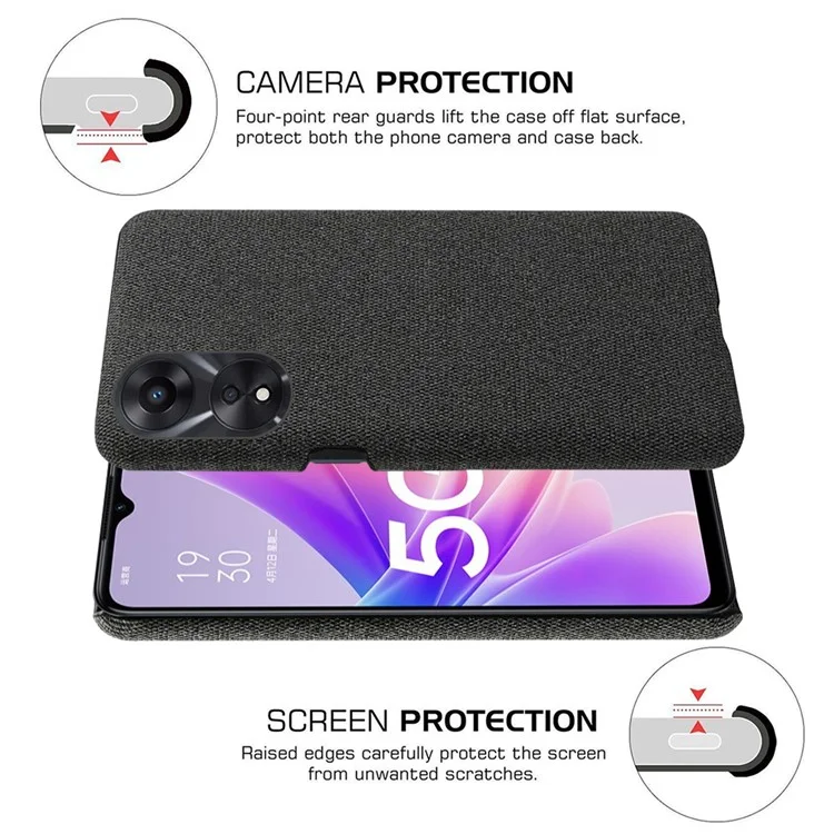 Funda de smartphone ultra delgada para Oppo A58 5G, funda protectora de teléfono de color sólido, textura de tela de PC dura, resistente a caídas - Negro