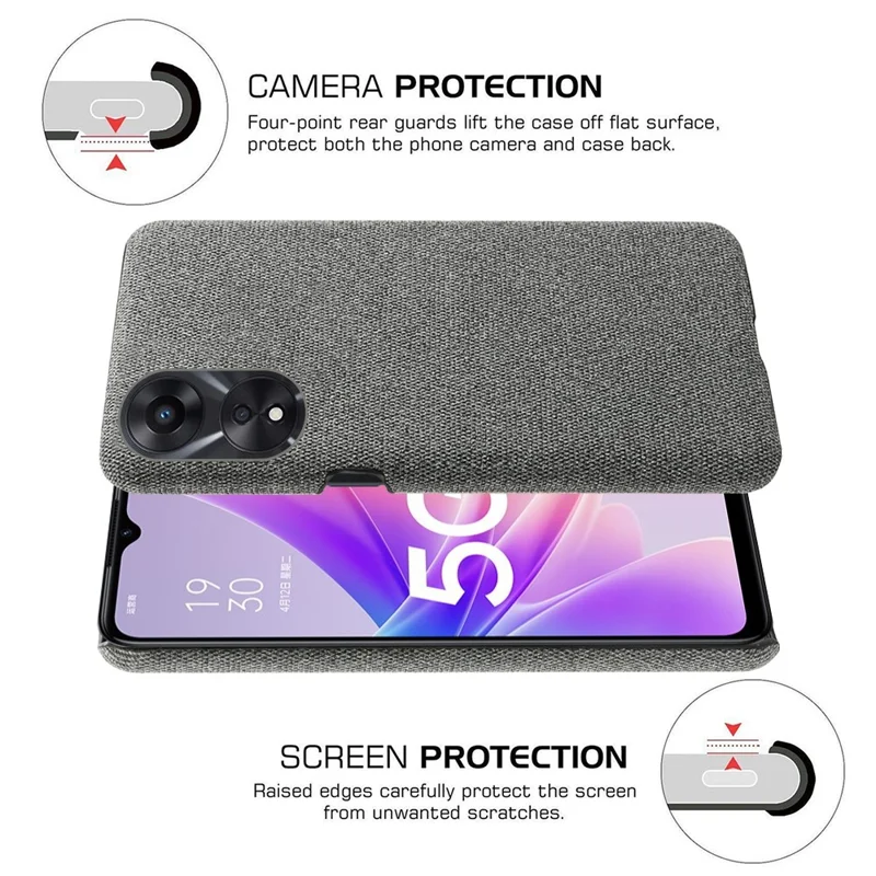 Ultra Slim Smartphone Case For Oppo A58 5G, Anti-fall Solid Color Hard PC Cloth Texture Protective Phone Cover - Grey