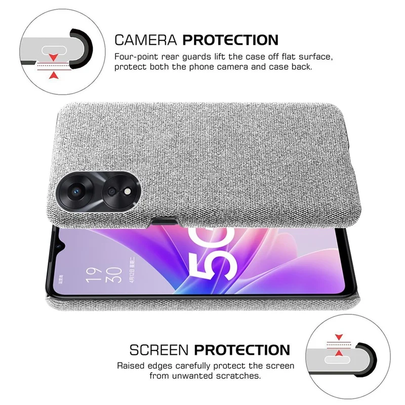 Ultra Slim Smartphone Case For Oppo A58 5G, Anti-fall Solid Color Hard PC Cloth Texture Protective Phone Cover - Light Grey