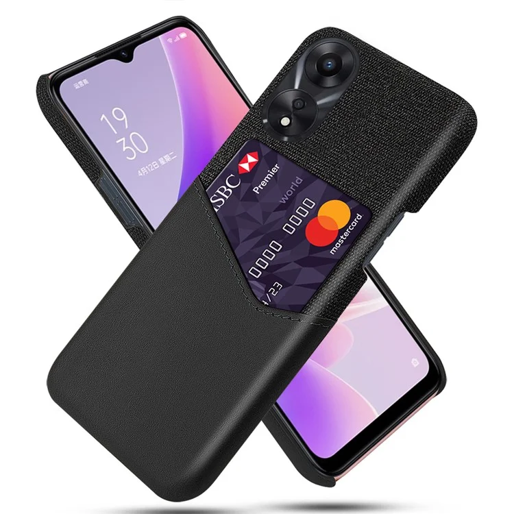 Para Oppo A58 5G Funda de teléfono a prueba de golpes con ranura para tarjeta de textura de tela, revestida de piel sintética y PC duro resistente al desgaste - Negro