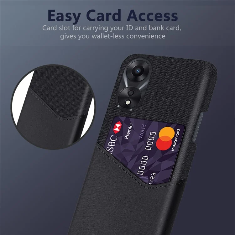 Para Oppo A58 5G Funda de teléfono a prueba de golpes con ranura para tarjeta de textura de tela, revestida de piel sintética y PC duro resistente al desgaste - Negro
