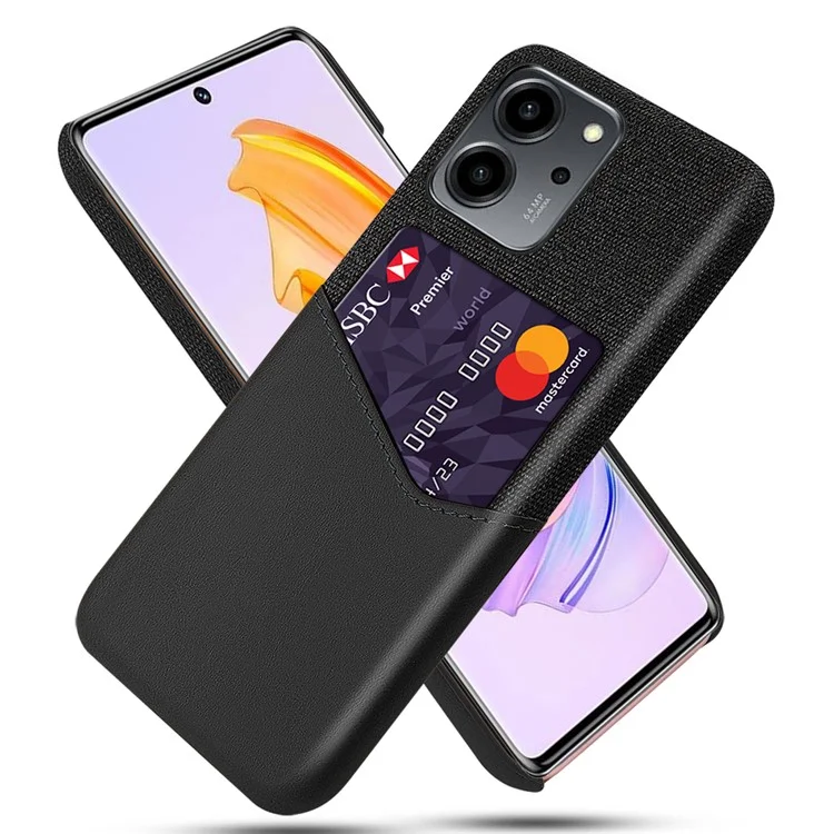 For Honor 80 SE 5G Étui de téléphone à texture de tissu Revêtement en cuir PU Boîtier rigide en PC résistant aux rayures Porte-cartes - Noir 