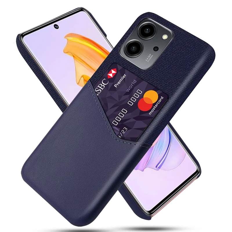 For Honor 80 SE 5G Cloth Texture Phone Case PU Leather Coated Hard PC Scratch-resistant Back Cover Card Holder - Blue