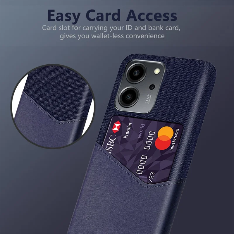 For Honor 80 SE 5G Cloth Texture Phone Case PU Leather Coated Hard PC Scratch-resistant Back Cover Card Holder - Blue