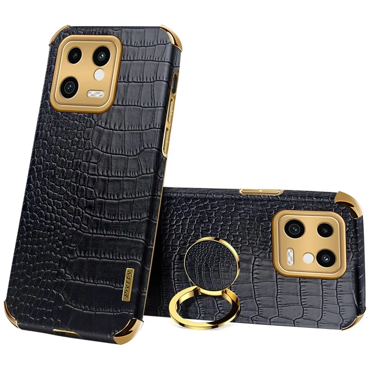 Para Xiaomi 13 5G Ring Kickstand Electroplating Phone Case Bump Proof Crocodile Texture PU Leather Coated TPU Cover - Negro