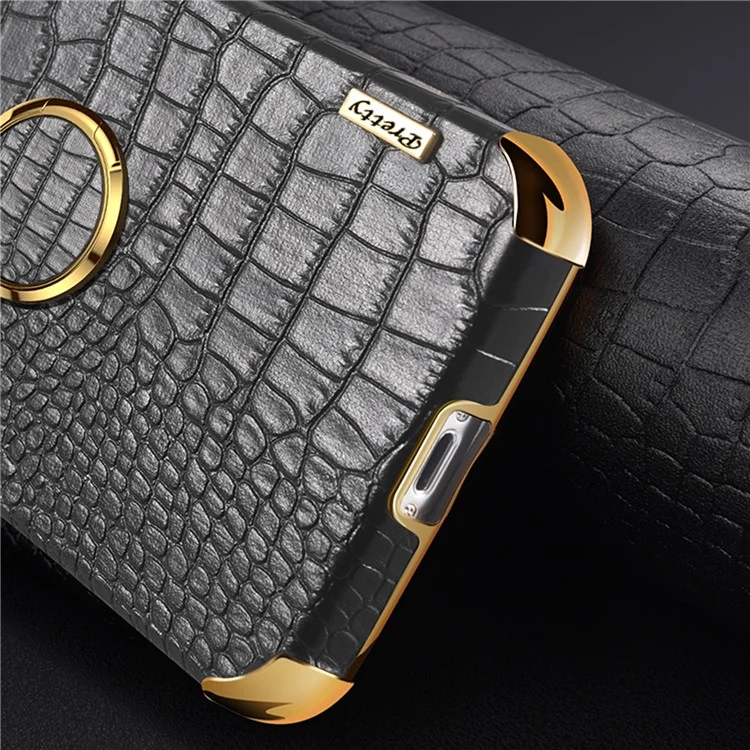 Para Xiaomi 13 5G Ring Kickstand Electroplating Phone Case Bump Proof Crocodile Texture PU Leather Coated TPU Cover - Negro