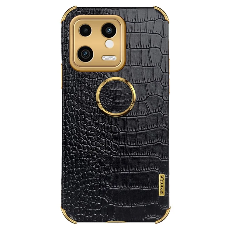 Para Xiaomi 13 5G Ring Kickstand Electroplating Phone Case Bump Proof Crocodile Texture PU Leather Coated TPU Cover - Negro