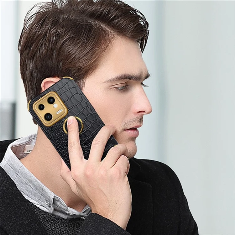 Para Xiaomi 13 5G Ring Kickstand Electroplating Phone Case Bump Proof Crocodile Texture PU Leather Coated TPU Cover - Negro