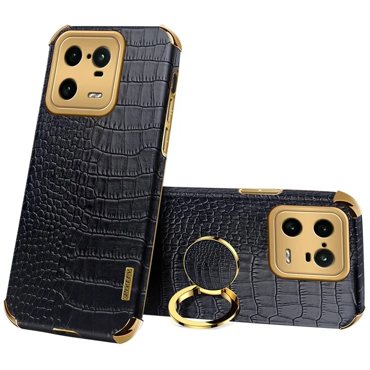 Para Xiaomi 13 Pro 5G Anel Suporte Cromado Capa de Telefone Bem Protegida Textura de Crocodilo Revestida em Couro PU Capa TPU - Preto