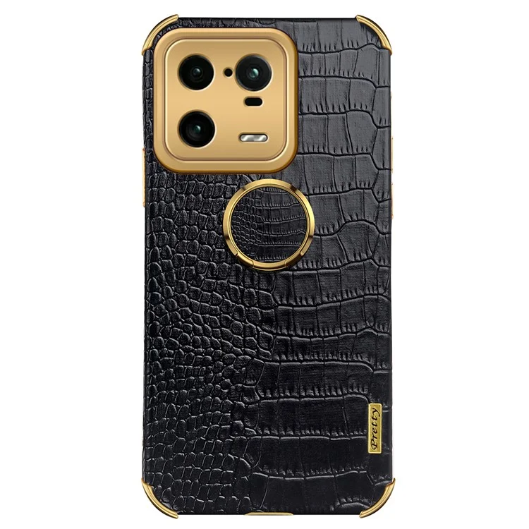 Para Xiaomi 13 Pro 5G Anel Suporte Cromado Capa de Telefone Bem Protegida Textura de Crocodilo Revestida em Couro PU Capa TPU - Preto
