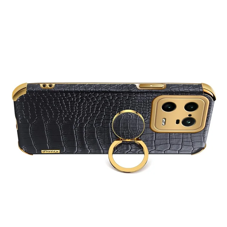 Para Xiaomi 13 Pro 5G Anel Suporte Cromado Capa de Telefone Bem Protegida Textura de Crocodilo Revestida em Couro PU Capa TPU - Preto