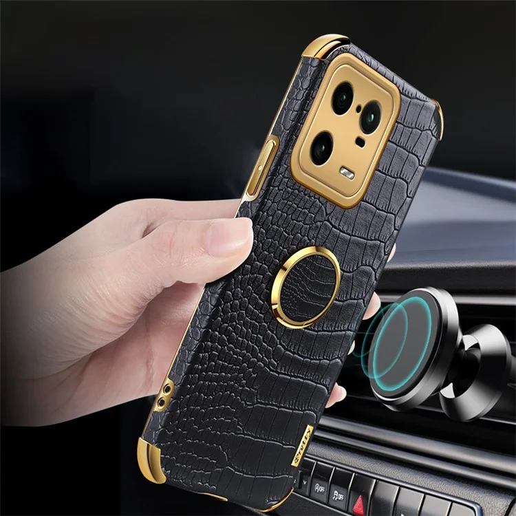 Para Xiaomi 13 Pro 5G Anel Suporte Cromado Capa de Telefone Bem Protegida Textura de Crocodilo Revestida em Couro PU Capa TPU - Preto
