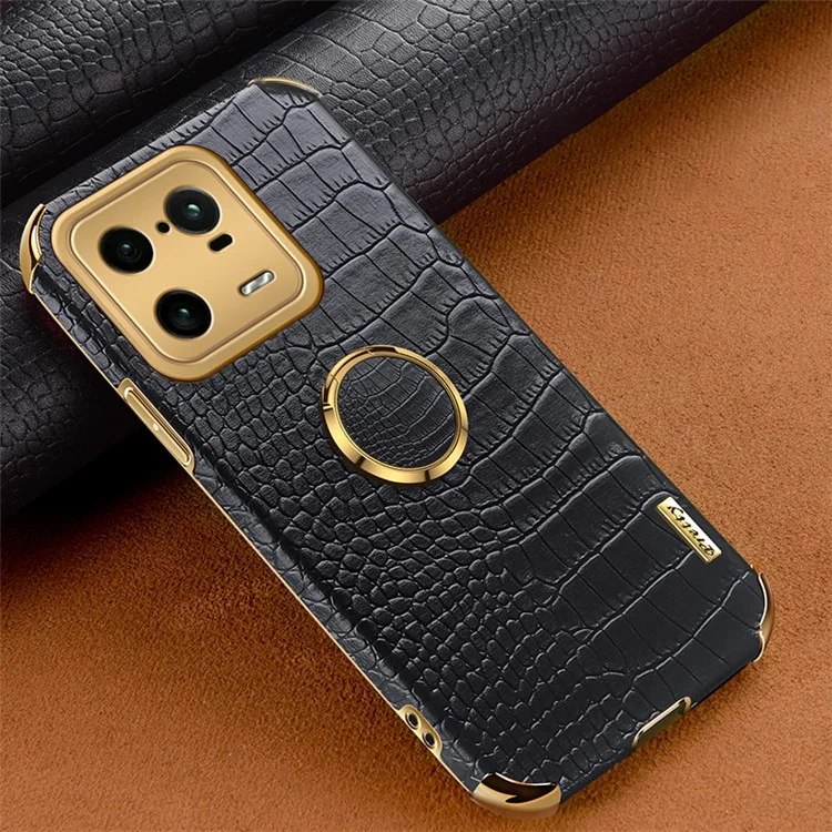 Para Xiaomi 13 Pro 5G Anel Suporte Cromado Capa de Telefone Bem Protegida Textura de Crocodilo Revestida em Couro PU Capa TPU - Preto