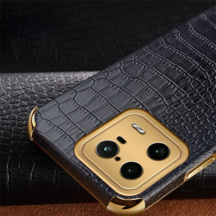 Para Xiaomi 13 Pro 5G Anel Suporte Cromado Capa de Telefone Bem Protegida Textura de Crocodilo Revestida em Couro PU Capa TPU - Preto