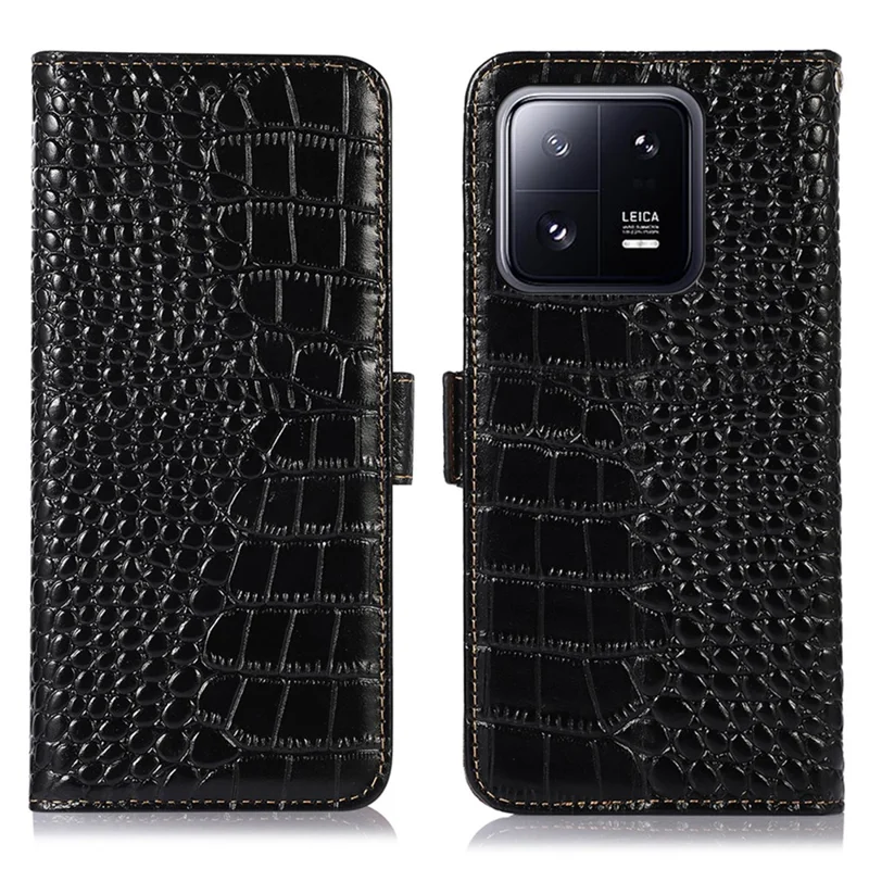 Para Xiaomi 13 Pro 5G RFID Blocking Stand Wallet Protective Smartphone Case Crocodile Texture Genuine Cowhide Leather Cell Phone Cover - Black