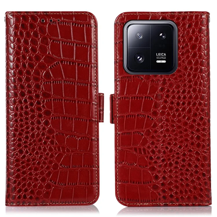 Для Xiaomi 13 Pro 5G RFID Blocking Stand Wallet Protective Smartphone Case Crocodile Texture Genuine Cowhide Leather Cell Phone Cover - Red