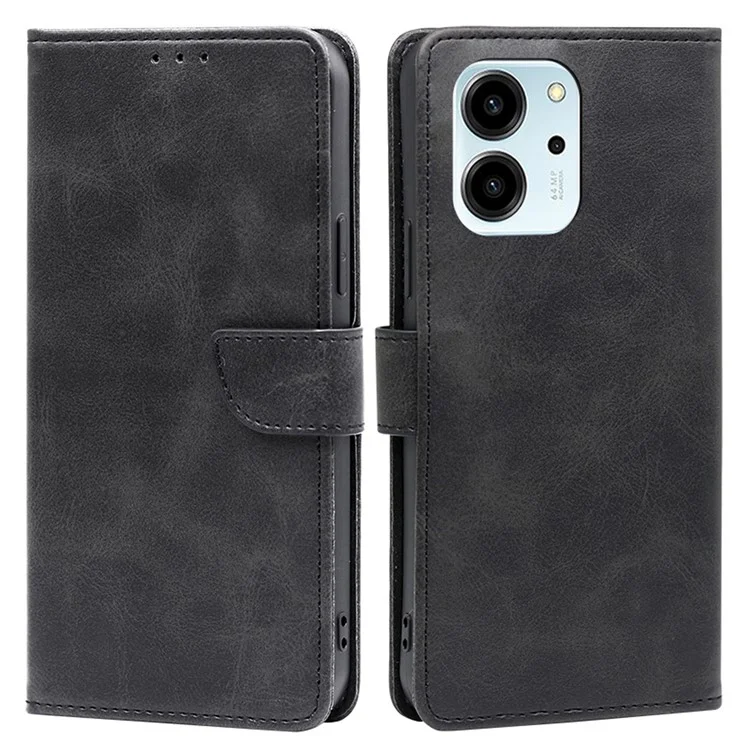 For Honor 80 SE 5G Drop-proof Calf Texture Phone Case PU Leather Flip Wallet Stand Magnetic Closure Cell Phone Cover - Black
