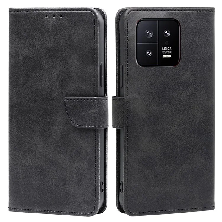 Para Xiaomi 13 5G Anti-drop Calf Texture Magnetic Closure Cell Phone Case PU Leather Flip Wallet Stand Full Protection Phone Cover - Negro