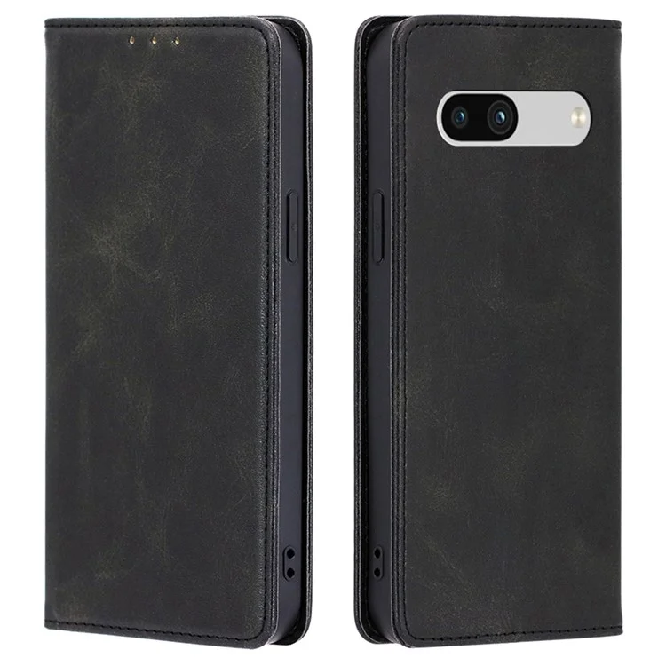 PU Leather Protective Phone Cover For Google Pixel 7a, Magnetic Auto-absorbed Wallet Stand Shockproof Calf Texture Phone Case - Black