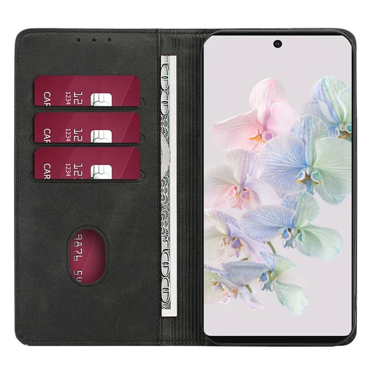 PU Leather Protective Phone Cover For Google Pixel 7a, Magnetic Auto-absorbed Wallet Stand Shockproof Calf Texture Phone Case - Black