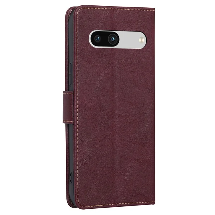 RFID Blocking Phone Cover For Google Pixel 7a, Cowhide Texture PU Leather Stand Wallet Shockproof Phone Case - Wine Red