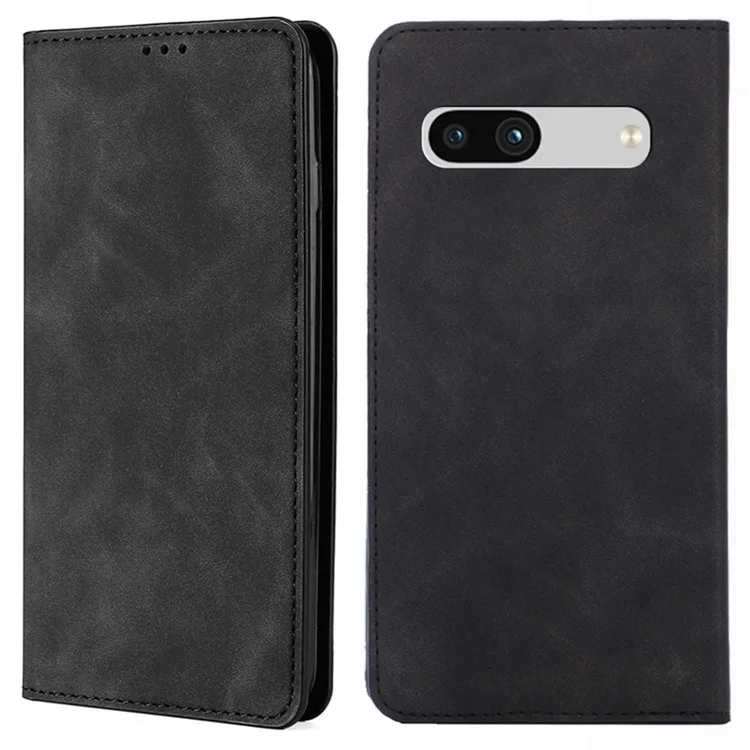 For Google Pixel 7a Drop-proof PU Leather Phone Case with Card Holders Skin-touch Feeling Magnetic Auto-absorbed Stand Flip Folio Phone Cover - Black