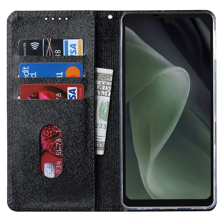 Для Sharp Aquos Sense 7 Anti-Fingerprint PU Leather Wallet Phone Case Silk Texture Stand Phone Cover Protector with Wrist Strap - Black