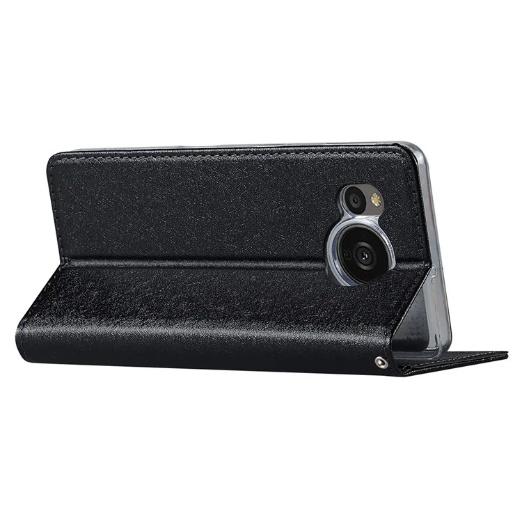 Для Sharp Aquos Sense 7 Anti-Fingerprint PU Leather Wallet Phone Case Silk Texture Stand Phone Cover Protector with Wrist Strap - Black