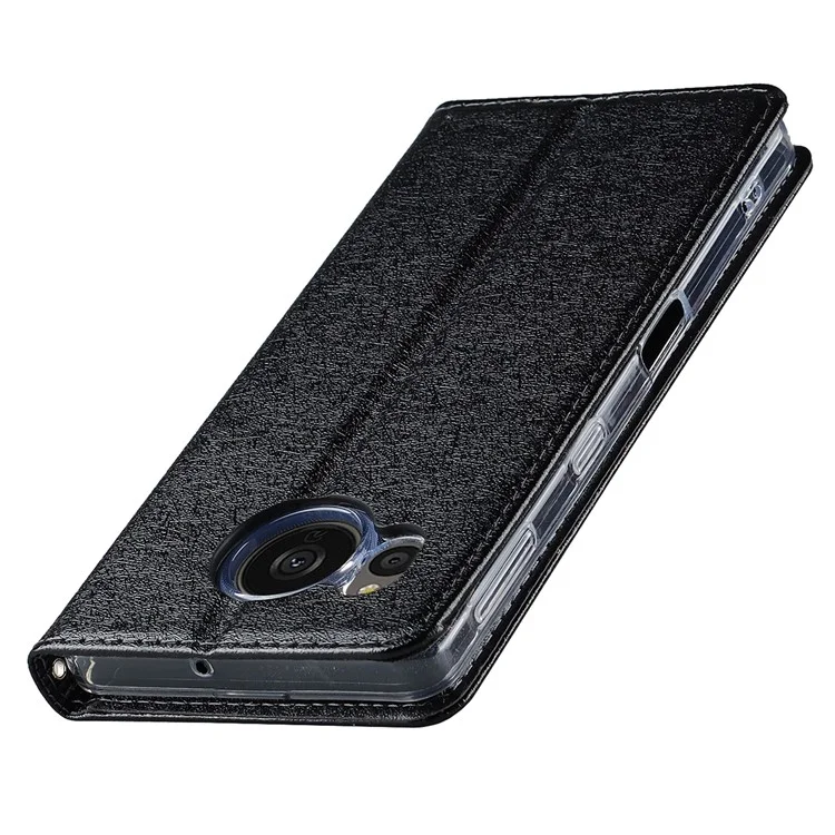 Для Sharp Aquos Sense 7 Anti-Fingerprint PU Leather Wallet Phone Case Silk Texture Stand Phone Cover Protector with Wrist Strap - Black