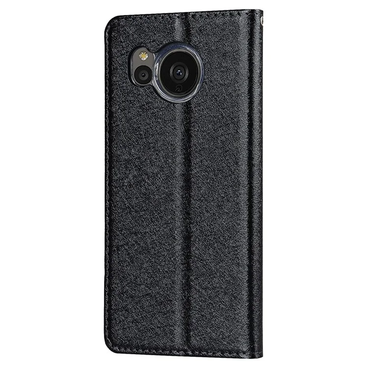 Для Sharp Aquos Sense 7 Anti-Fingerprint PU Leather Wallet Phone Case Silk Texture Stand Phone Cover Protector with Wrist Strap - Black