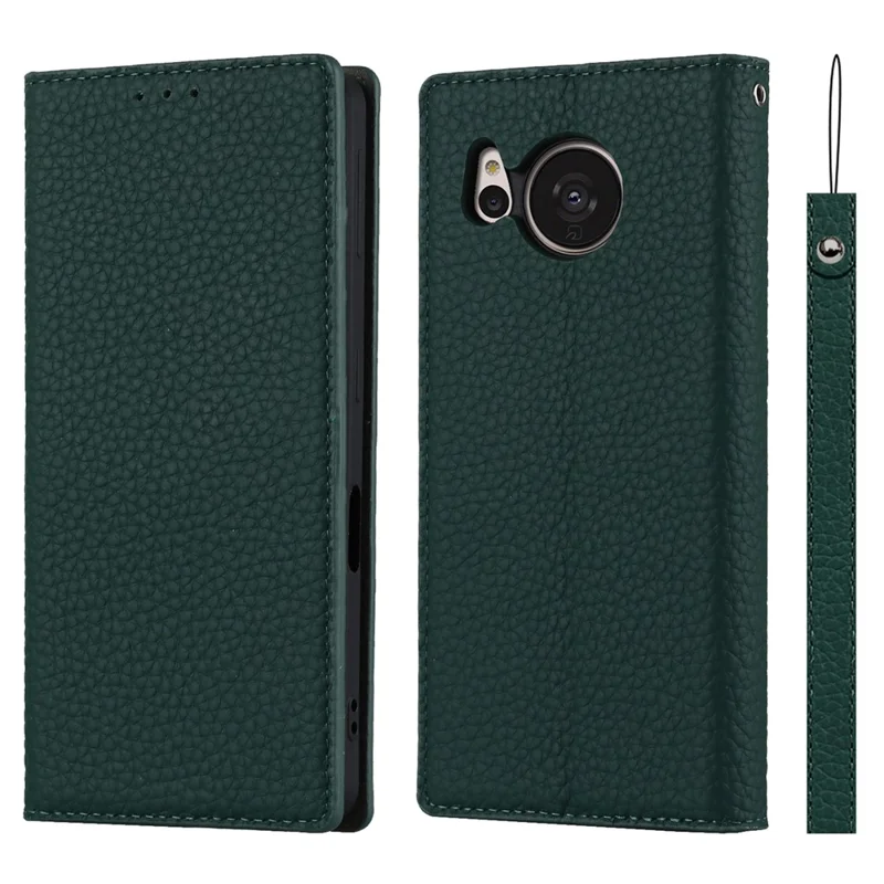 For Sharp Aquos Sense 7 Genuine Leather Case Anti-Scratch Litchi Texture Flip Wallet Stand Phone Protective Cover with Strap - Green