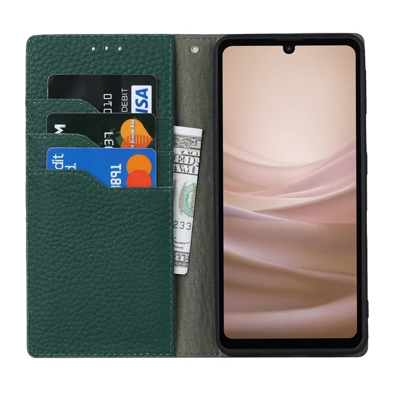 For Sharp Aquos Sense 7 Genuine Leather Case Anti-Scratch Litchi Texture Flip Wallet Stand Phone Protective Cover with Strap - Green