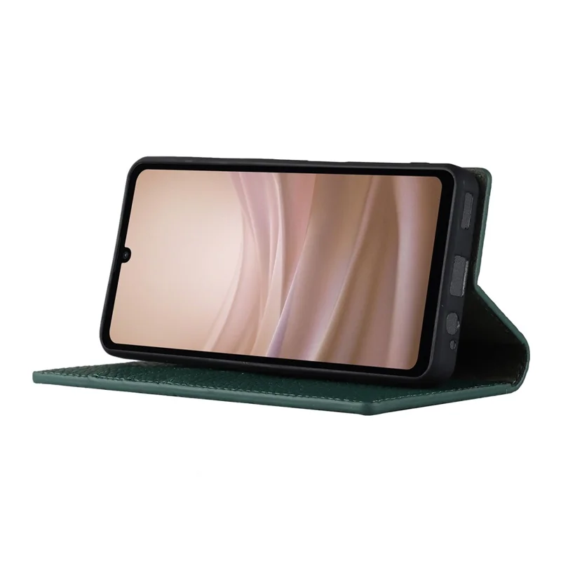 For Sharp Aquos Sense 7 Genuine Leather Case Anti-Scratch Litchi Texture Flip Wallet Stand Phone Protective Cover with Strap - Green