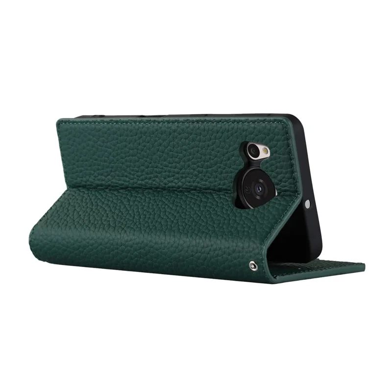 For Sharp Aquos Sense 7 Genuine Leather Case Anti-Scratch Litchi Texture Flip Wallet Stand Phone Protective Cover with Strap - Green