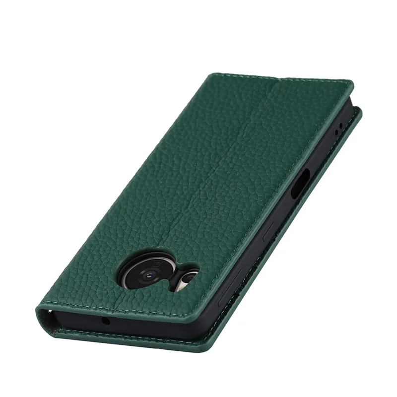 For Sharp Aquos Sense 7 Genuine Leather Case Anti-Scratch Litchi Texture Flip Wallet Stand Phone Protective Cover with Strap - Green