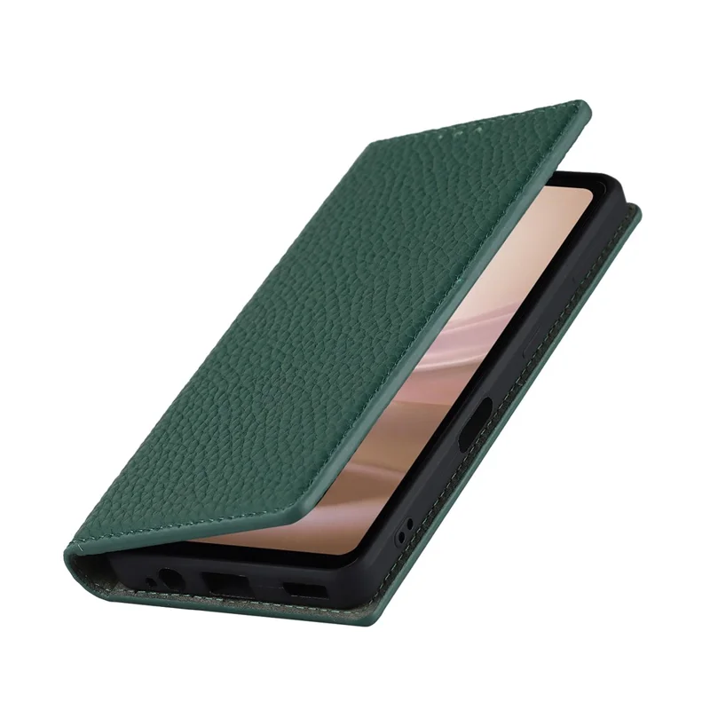 For Sharp Aquos Sense 7 Genuine Leather Case Anti-Scratch Litchi Texture Flip Wallet Stand Phone Protective Cover with Strap - Green
