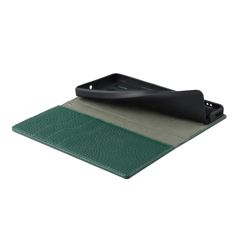 For Sharp Aquos Sense 7 Genuine Leather Case Anti-Scratch Litchi Texture Flip Wallet Stand Phone Protective Cover with Strap - Green
